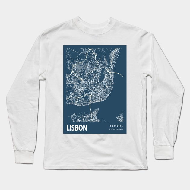 Lisbon Blueprint Street Map, Lisbon Colour Map Prints Long Sleeve T-Shirt by tienstencil